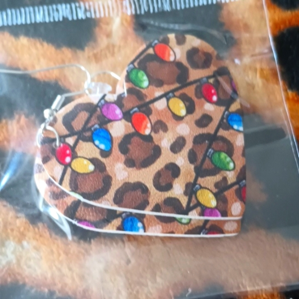 Leopard heart shaped christmas earrings